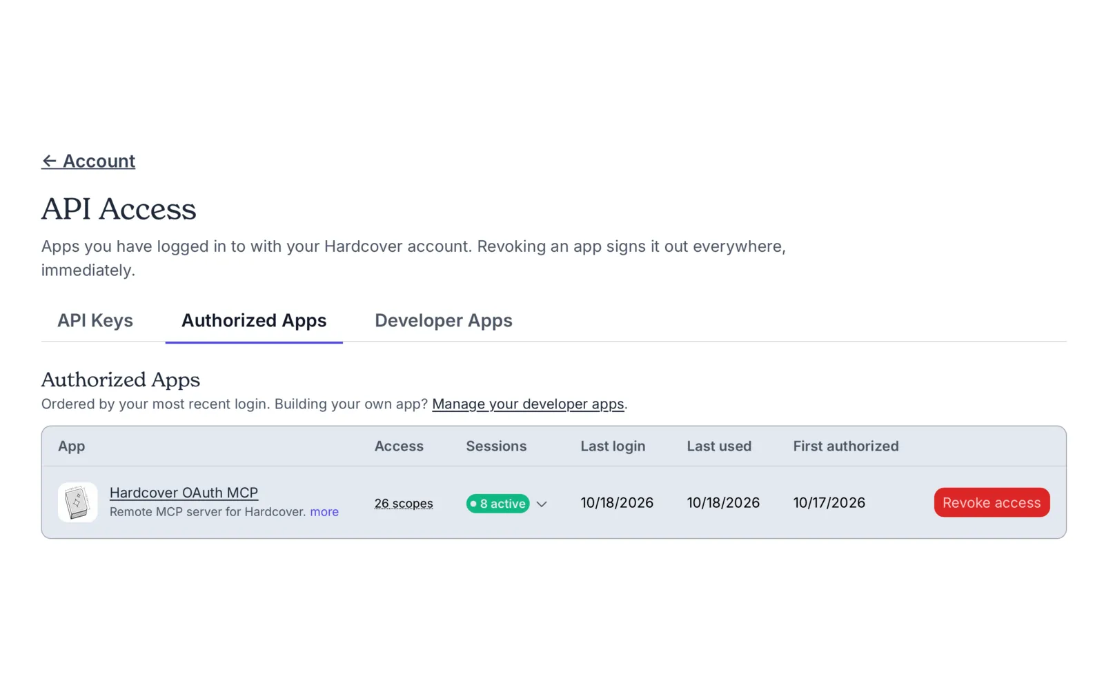 Hardcover’s Authorized apps page, listing Hardcover OAuth MCP with its scopes and sessions and a button to revoke access
