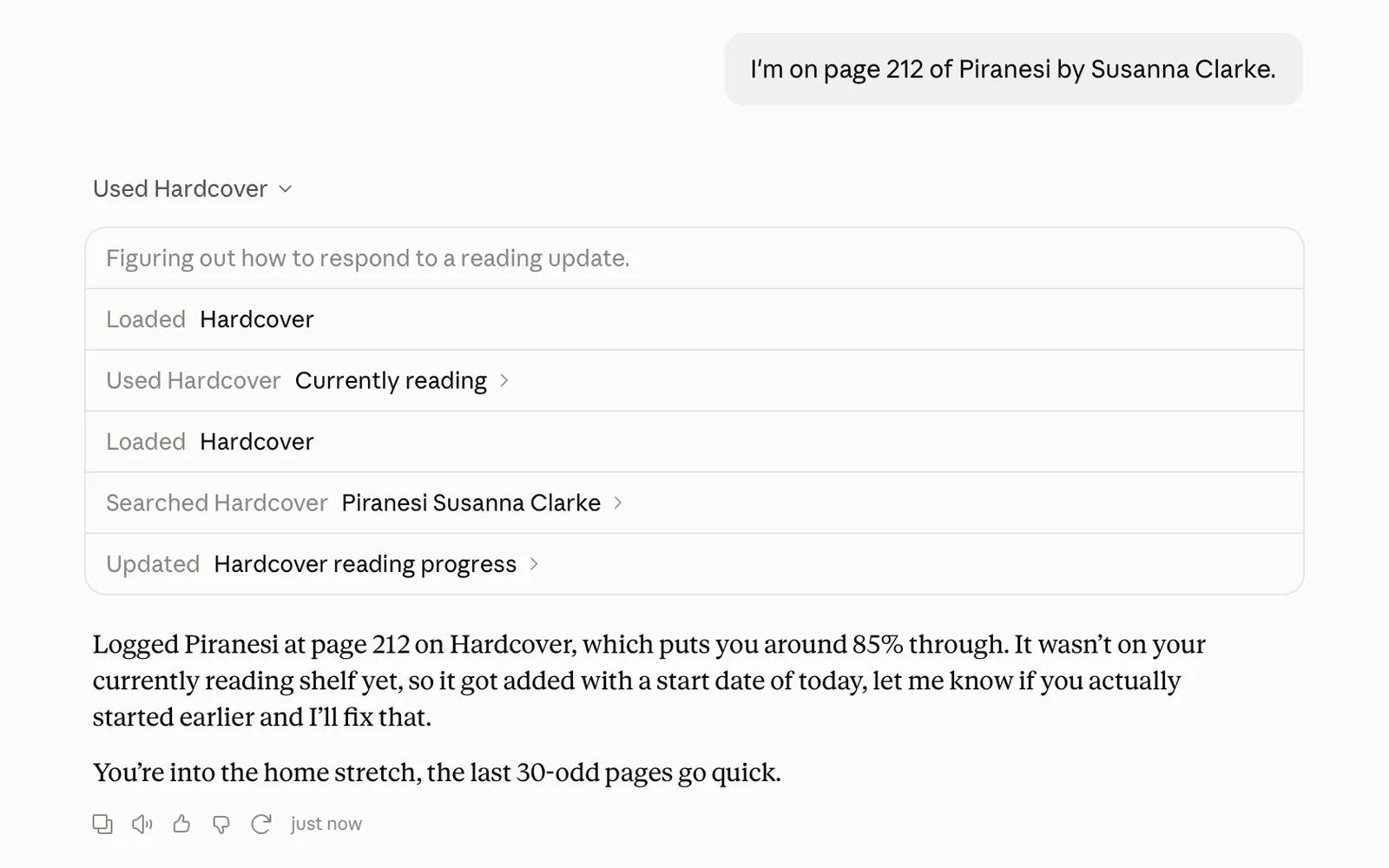 Claude, asked “I’m on page 212 of Piranesi by Susanna Clarke,” checks Currently Reading, searches Hardcover, and updates the reading progress